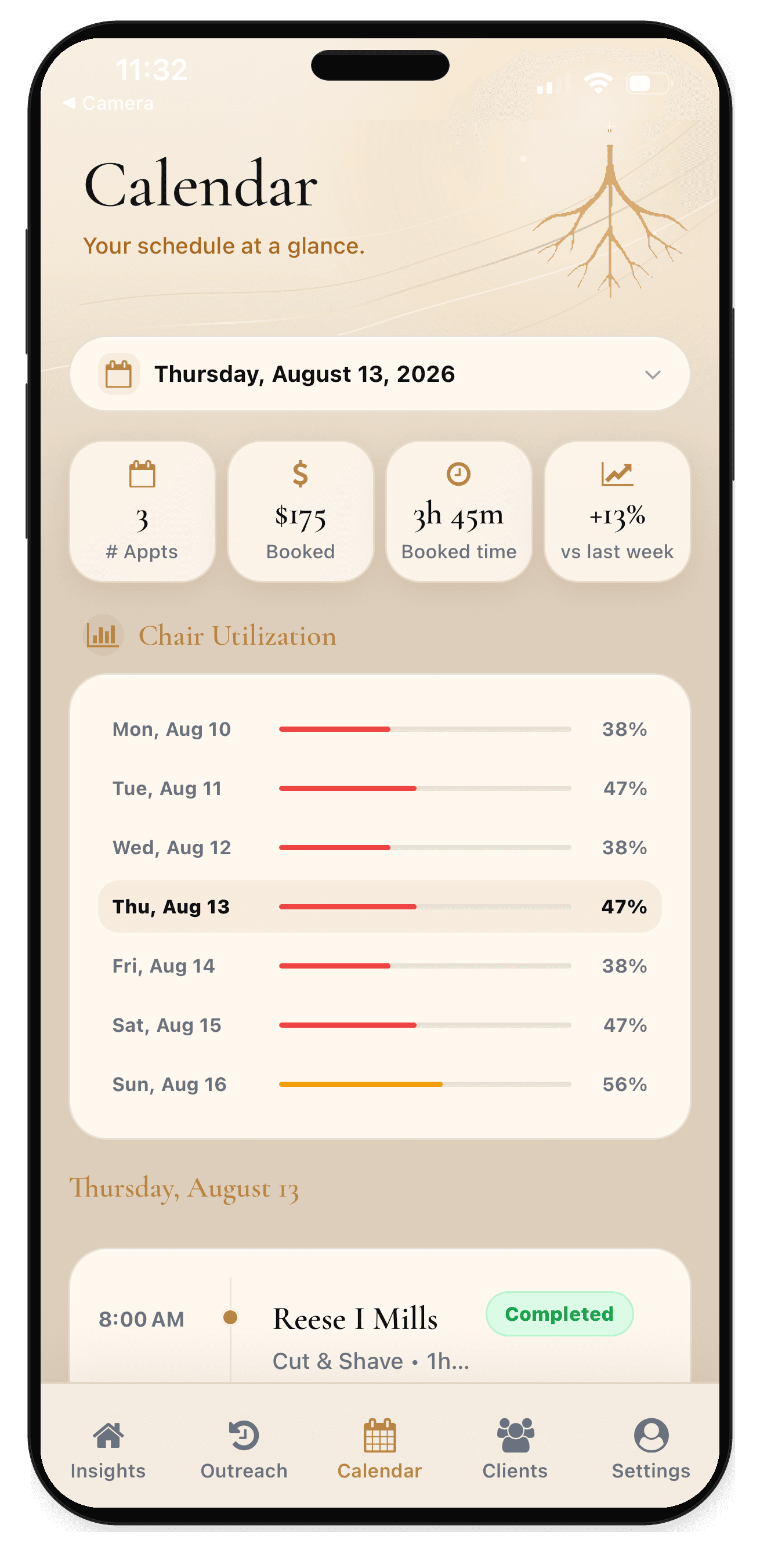 Root & Foil calendar screen showing appointments, open time, and booking controls