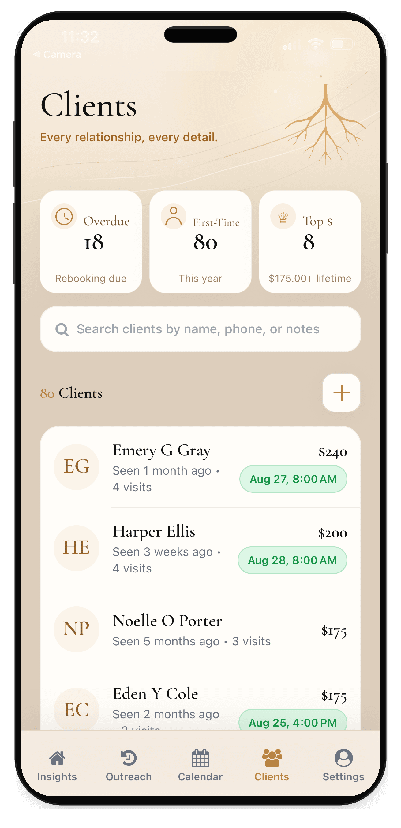 Root & Foil clients screen showing client list, notes, and client history